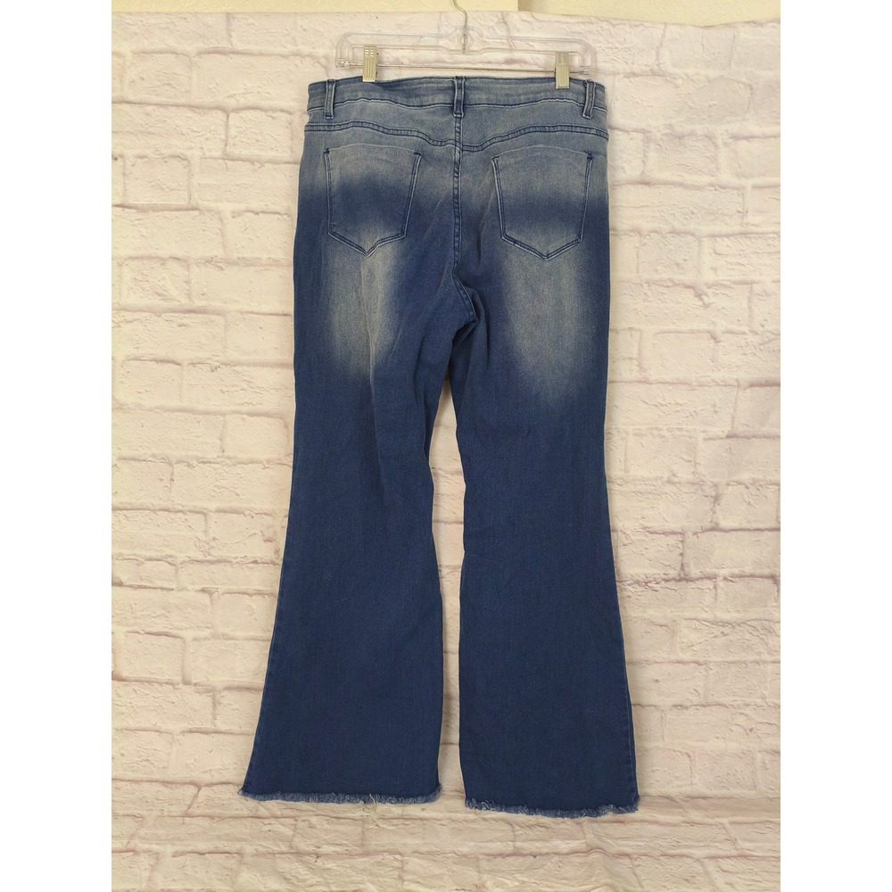 Embroidered Floral Flare Leg Blue Jeans High Rise Raw Hem 34 Waist Boho Hippie - Picture 2 of 5